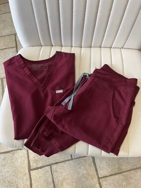 Figs Women's Wine Red Scrub Top and Jogger Pants